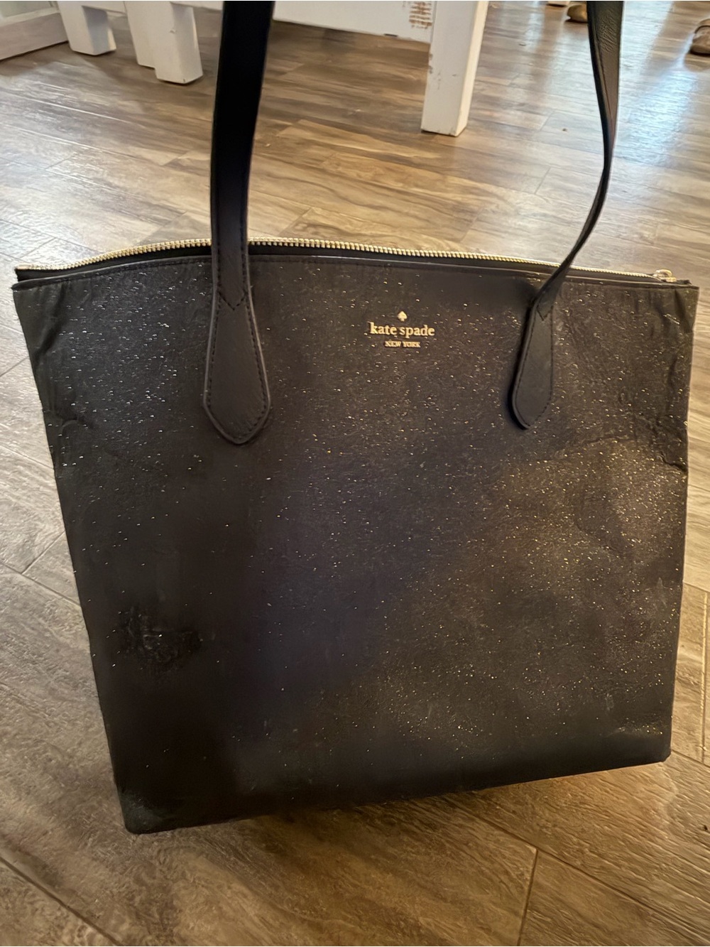 kate spade black shimmer tote with gold logo